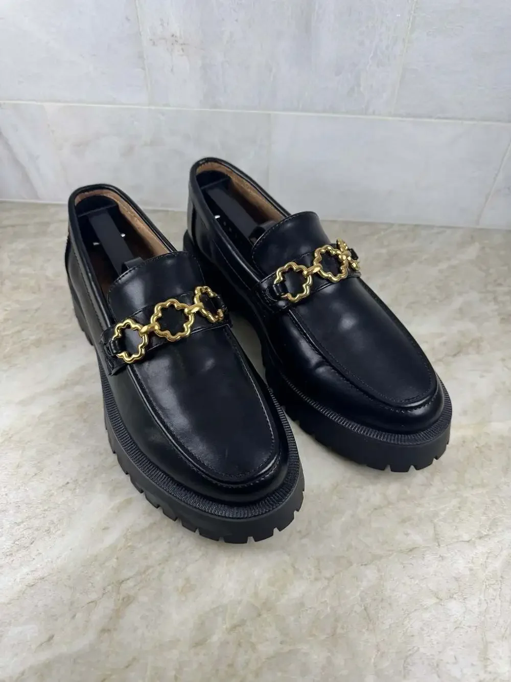 Sam & Libby Black Loafers with Gold Chain Detail